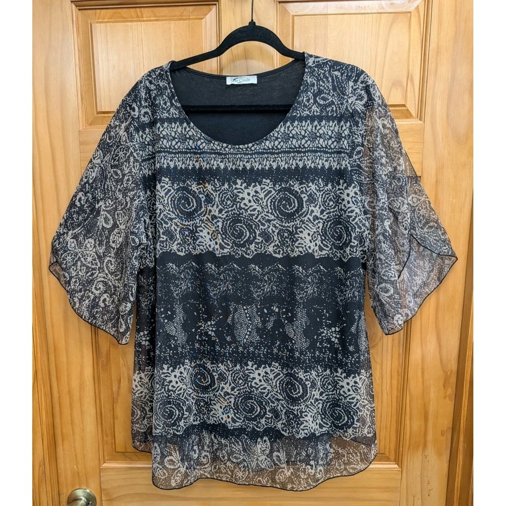 Sese Code Women's Top 2XL Flutter Sleeves Semi Shear Lined Pullover Black Beige